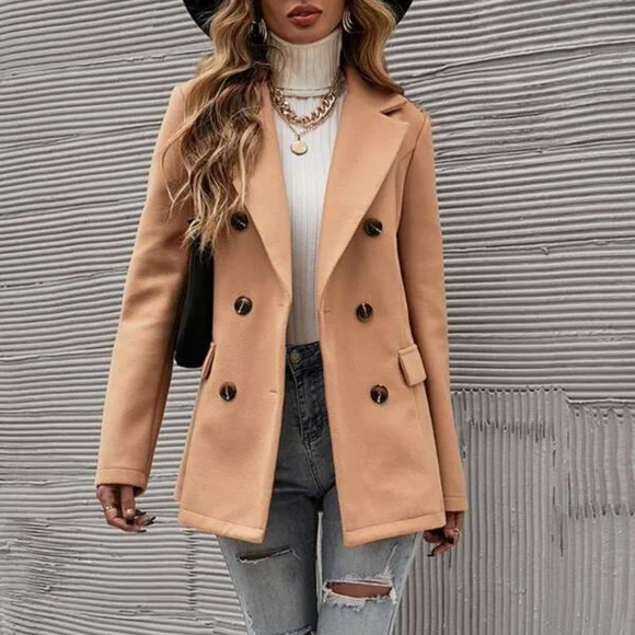 Classic Camel Double Breast Button up Jacket Coat - Picture 2 of 5